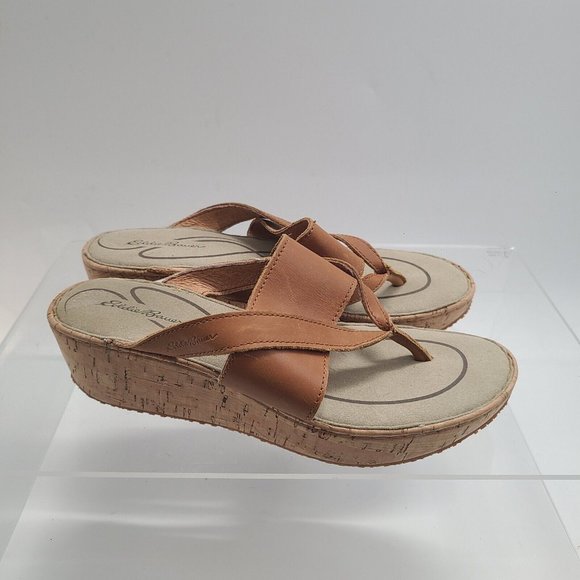 Eddie Bauer Leather Tan Strappy‎ Sandals Cork Wedge Women's US Size 9.5 - Picture 1 of 7